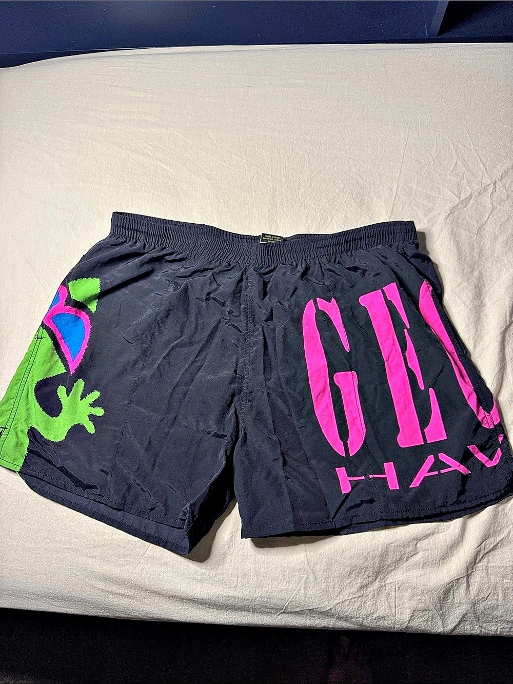 Gecko Hawaii Gecko Print Swim Trunks Black & Green XXXL